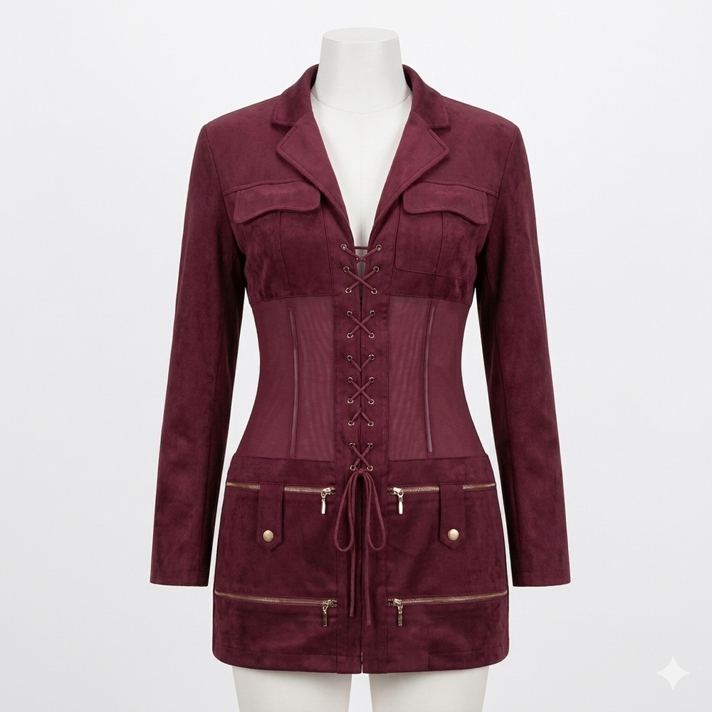 JW Pei Faux Suede Corset Jacket Mini Burgundy Dress Claret Size 10